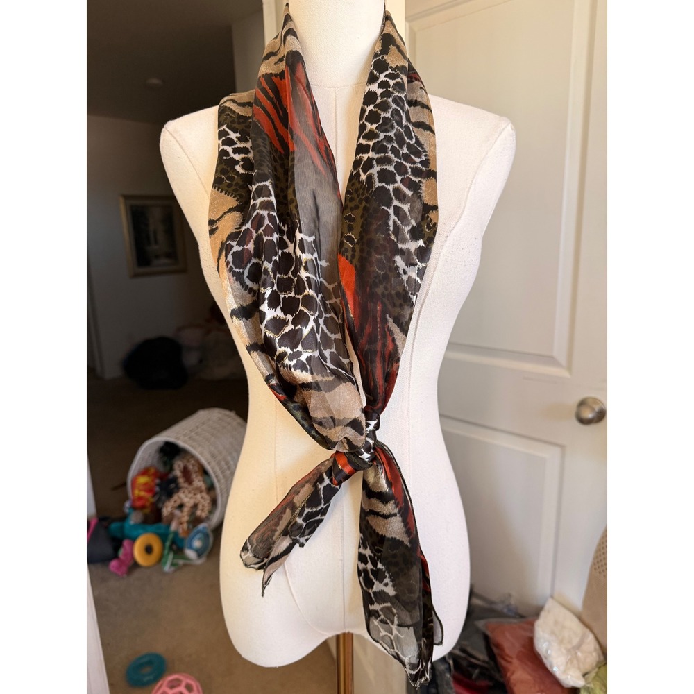 Mixed Animal Print Sheer Oblong Scarf Leopard Tiger Zebra Patchwork Orange Brown